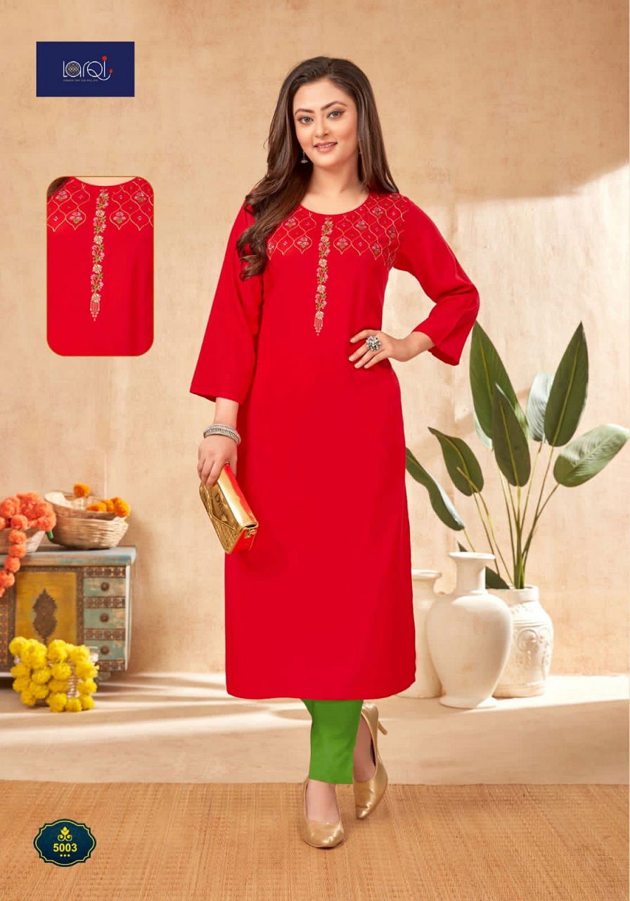 Larqi Nirja Advance 5 Fancy Ethnic Wear Rayon Cotton Embroidery Kurti Collection
